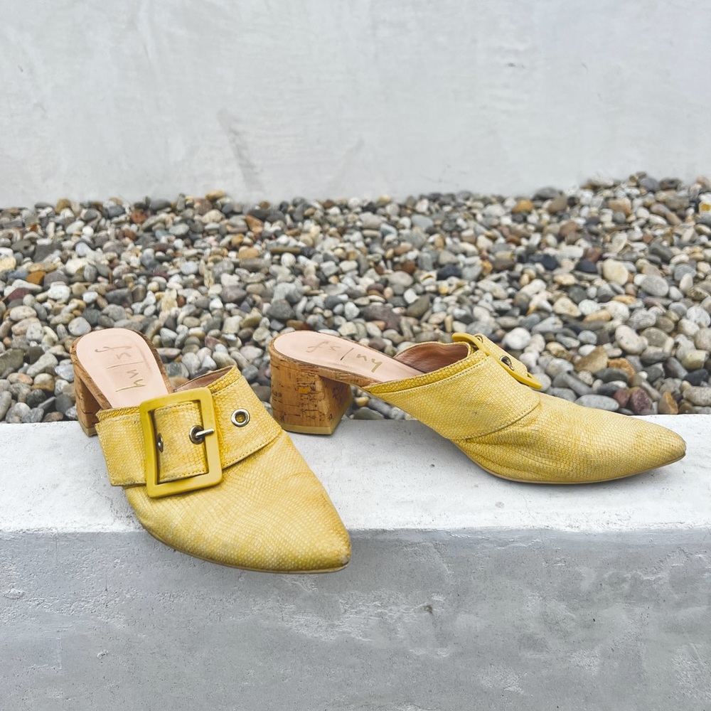 Yellow cork heel mule